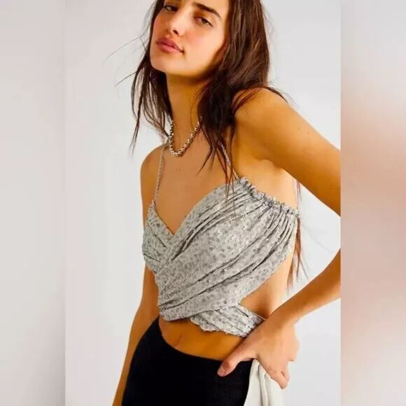 Jen's Pirate Booty for Free people Appolonia silver sequin gray tie top - Picture 1 of 9